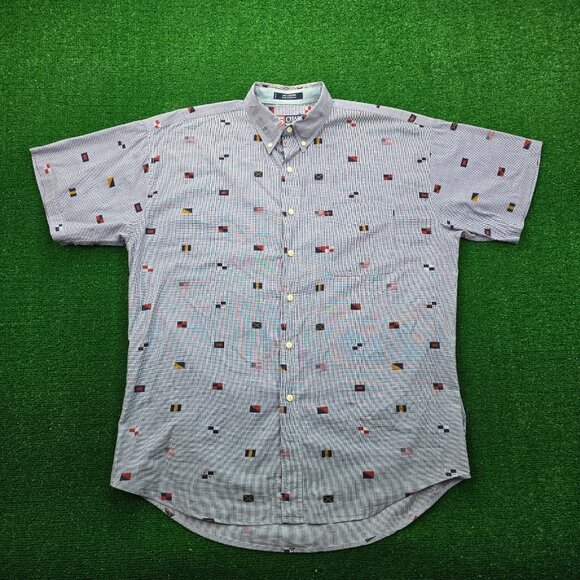 Chaps‎ Ralph Lauren Shirt Men Large/XL Blue Button Down Vintage AOP Flags Summer - Picture 1 of 8